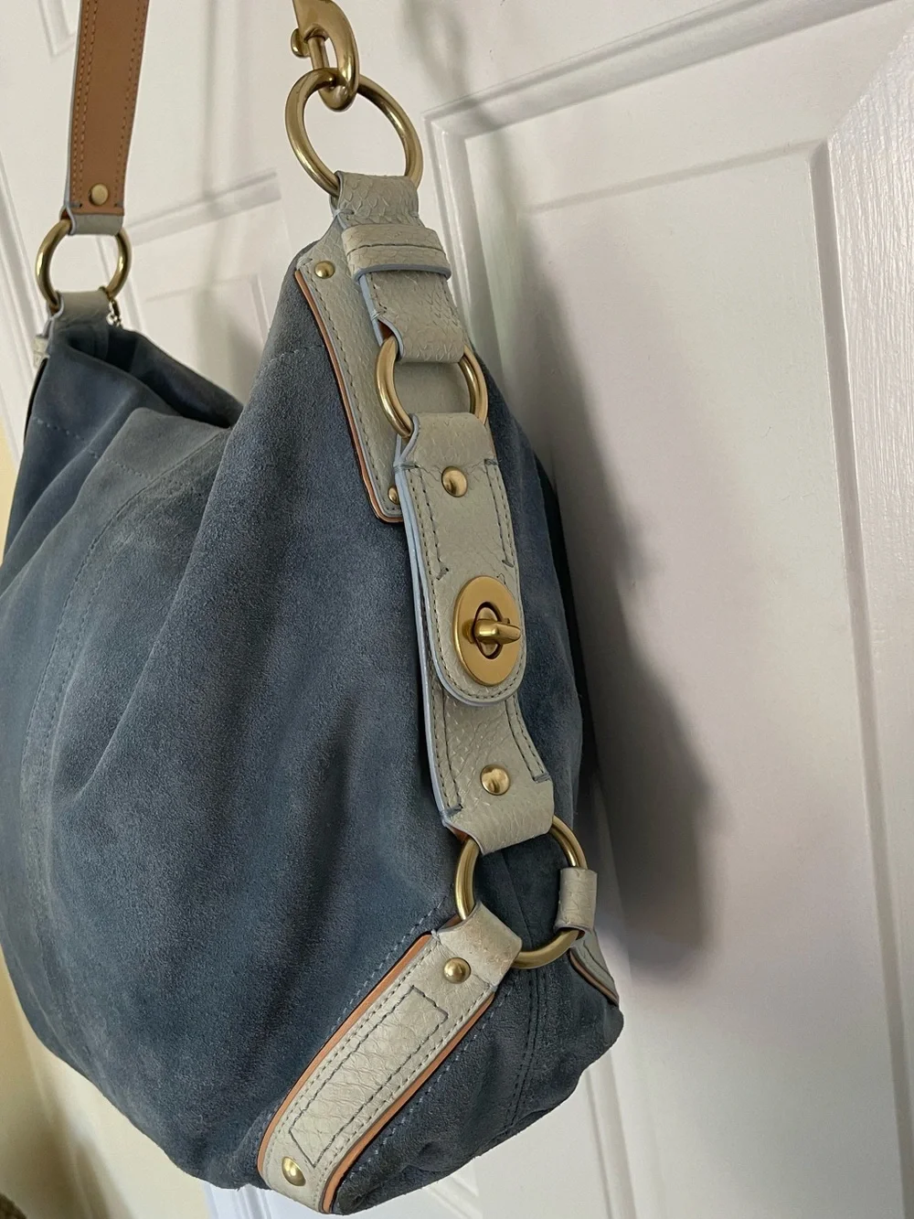 Coach 2007 Limited Edition Carley Hobo in Blue Suede/Snakeskin Leather Strap Bag
